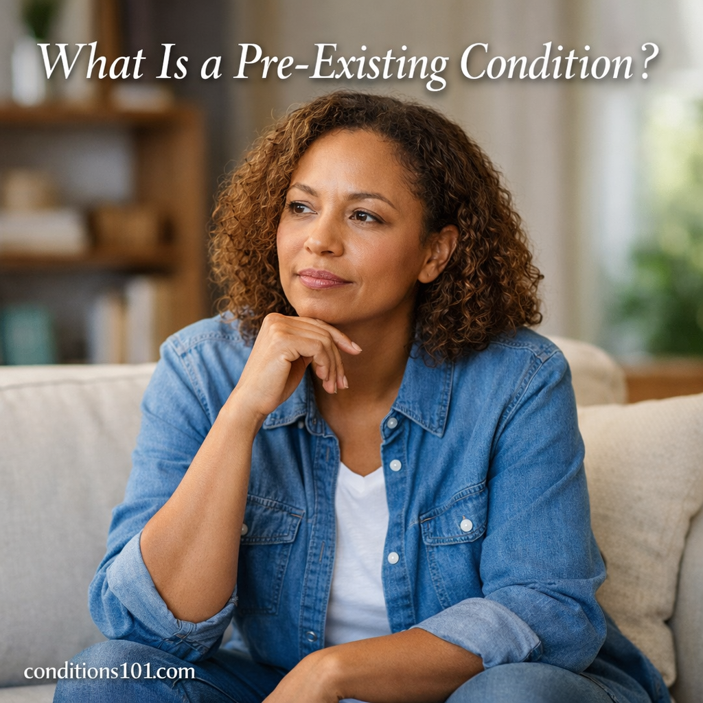 An adult woman sitting in a living room with a thoughtful expression, representing an educational overview of what a pre-existing condition is.