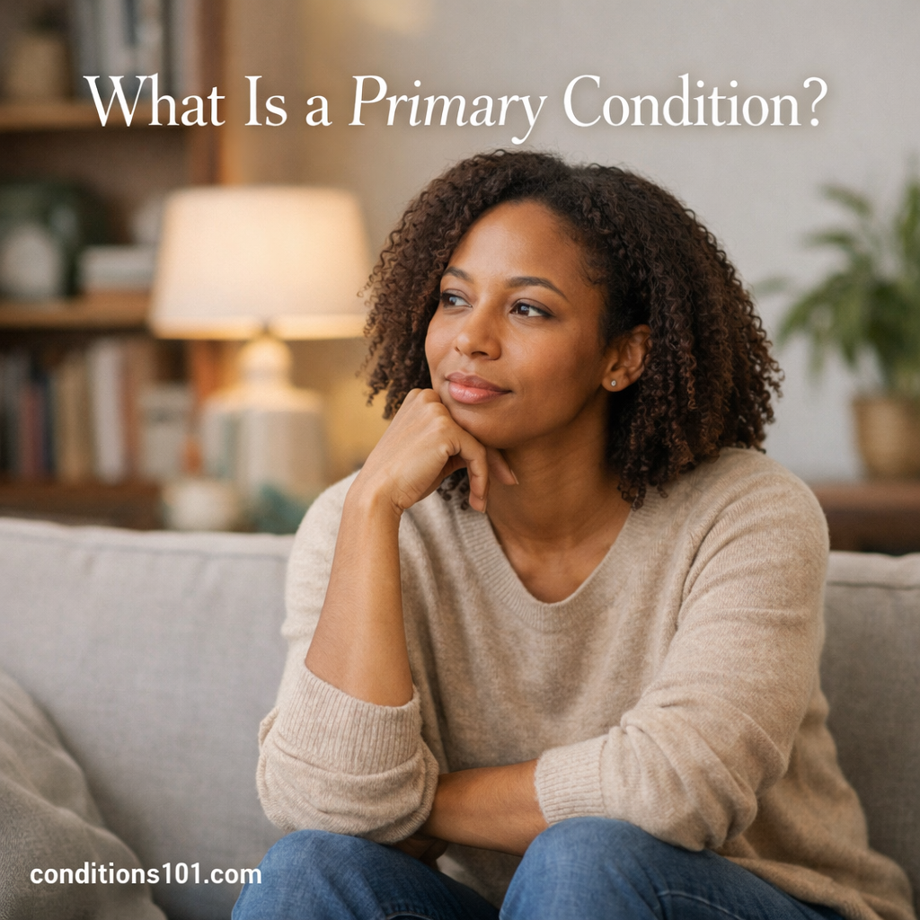 Adult person seated in a calm living room setting with a thoughtful expression, representing an educational article about what a primary condition is.