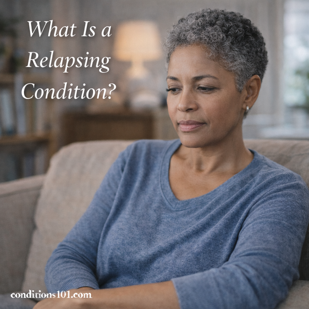 Middle-aged woman sitting calmly on a couch at home with a reflective expression, representing a relapsing health condition.