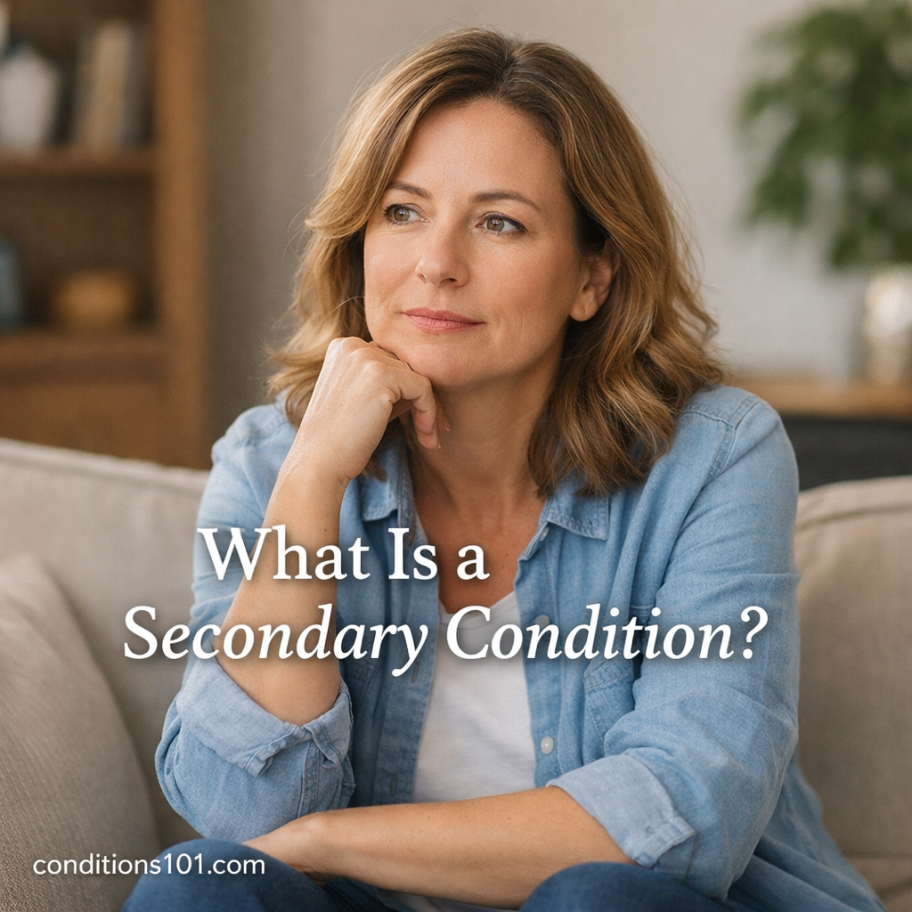 Adult woman sitting thoughtfully in a calm living room setting representing an educational article about what a secondary condition is.