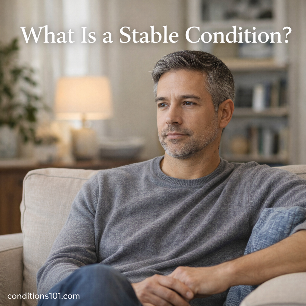Adult man sitting calmly in a living room with a thoughtful expression, representing an educational explanation of a stable condition.