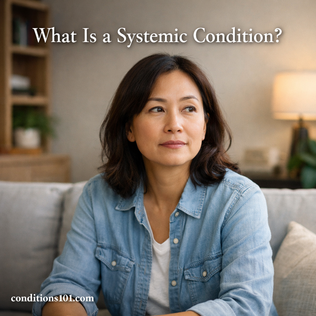 Adult woman sitting thoughtfully in a calm living room setting for an educational article explaining what a systemic condition is.