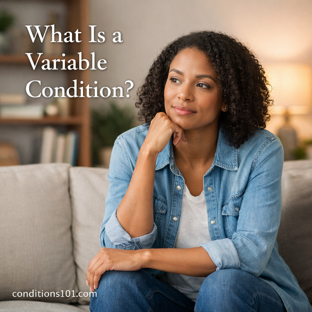 Adult woman sitting in a calm living room setting, thoughtfully focused, representing an educational explanation of what a variable condition is.