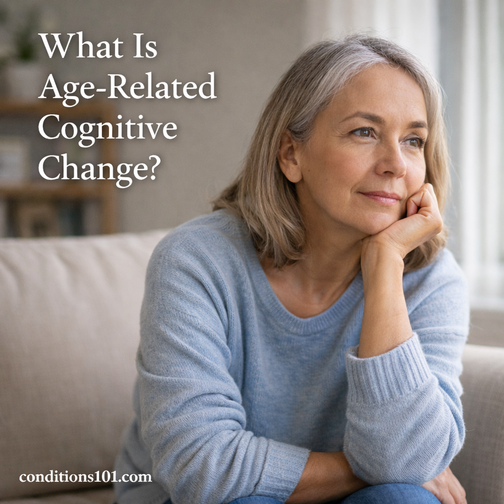 Older adult sitting thoughtfully in a calm home setting, representing normal age-related cognitive change in an educational, non-clinical context.