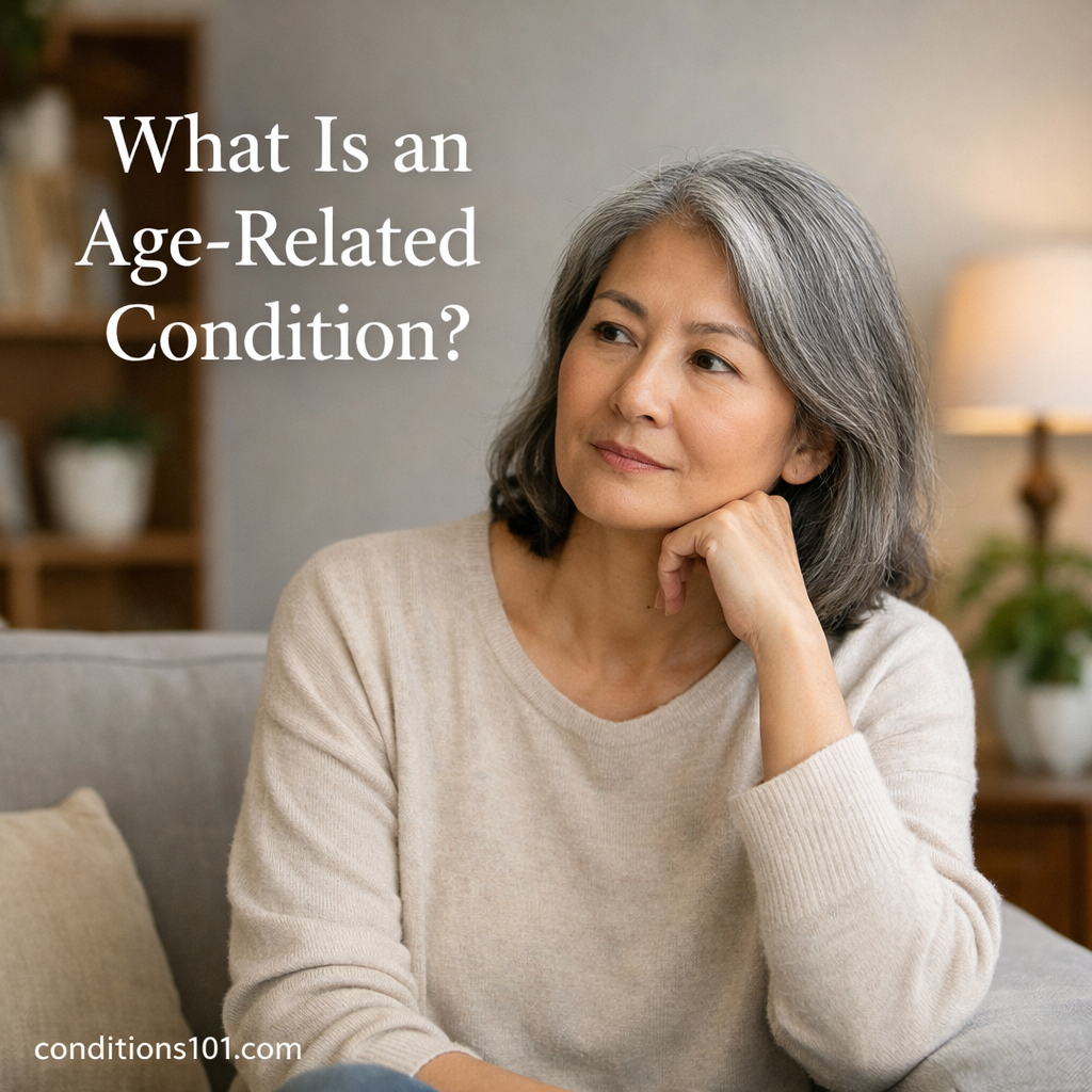 Adult woman sitting in a calm living room environment, appearing thoughtful in an educational context about age-related conditions.
