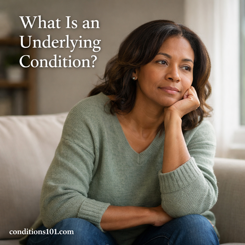 Adult person sitting thoughtfully in a calm home setting for an educational article explaining what an underlying condition is.