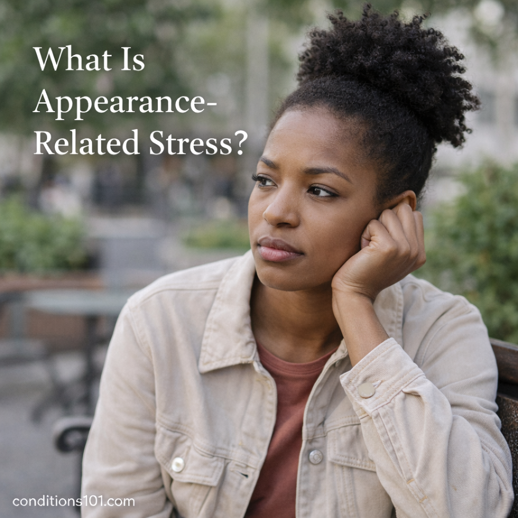 Adult woman sitting outdoors with a thoughtful expression, representing appearance-related stress in an everyday, non-clinical setting.