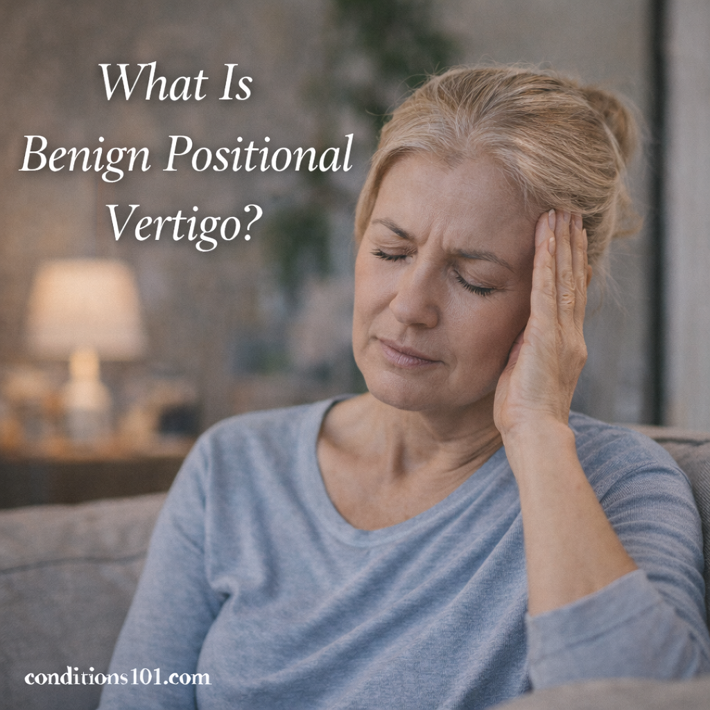 Middle-aged woman sitting on a couch at home with eyes closed and hand on her temple during a calm moment of dizziness, representing benign positional vertigo.