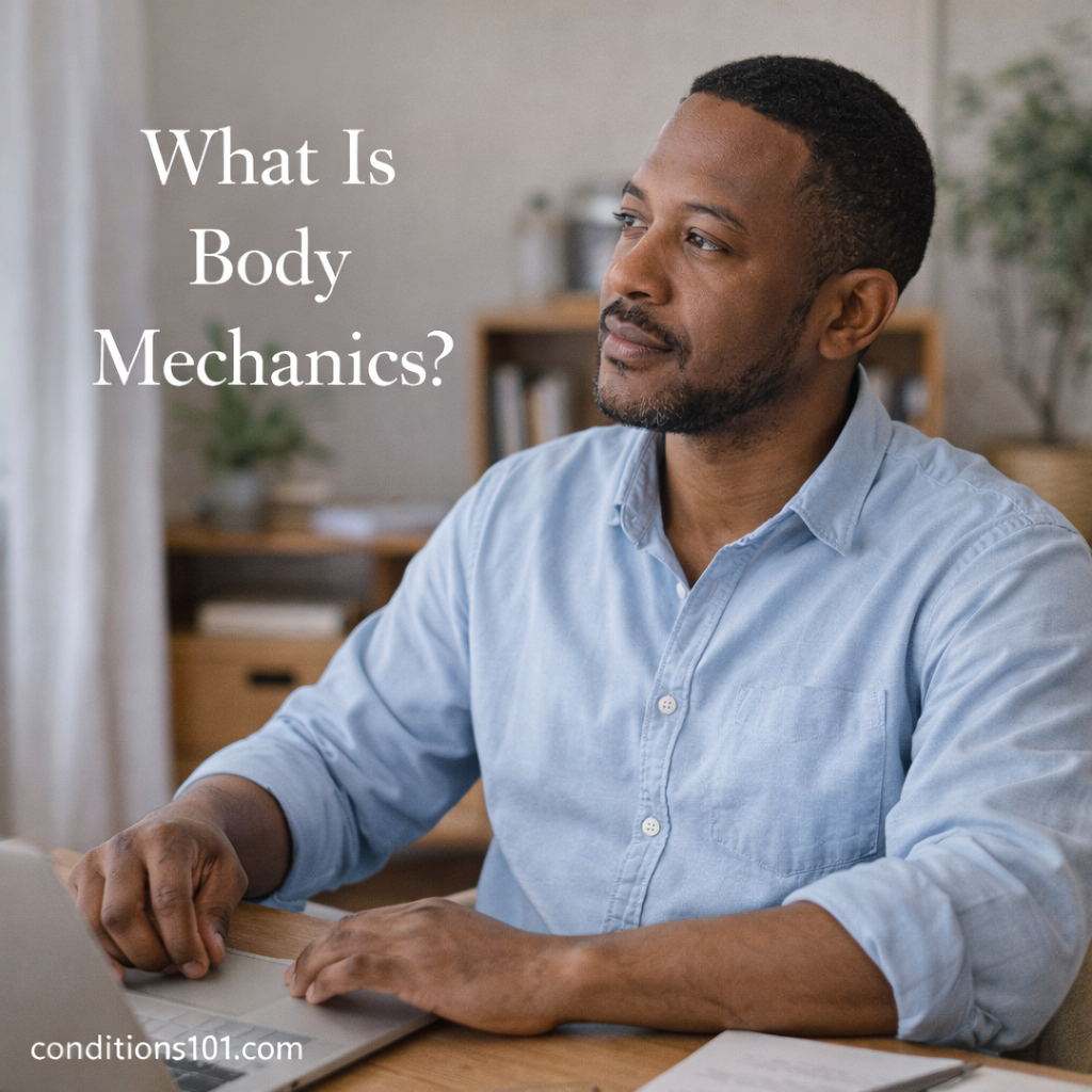 Adult man sitting at a desk in a calm home office, appearing thoughtful while reflecting on body mechanics.