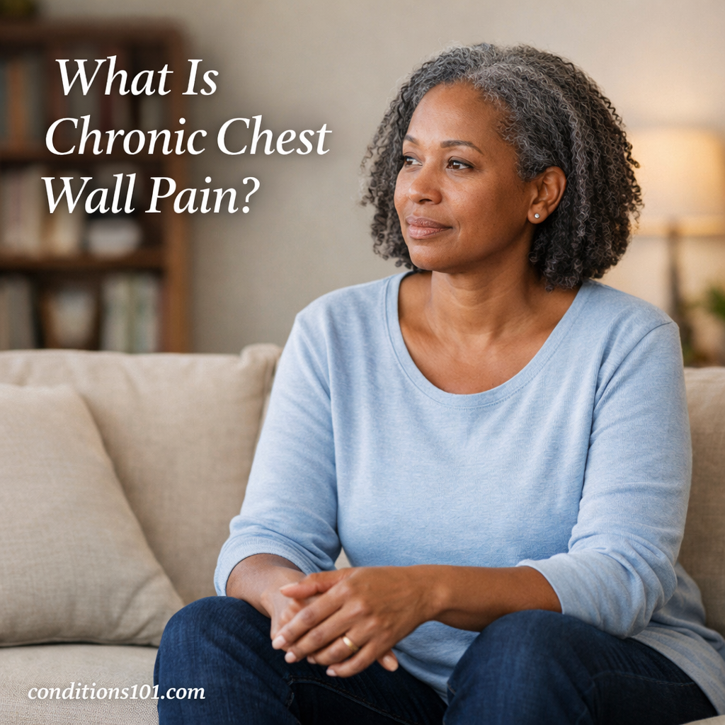 Adult woman sitting calmly in a living room with neutral expression, representing an educational article about chronic chest wall pain.