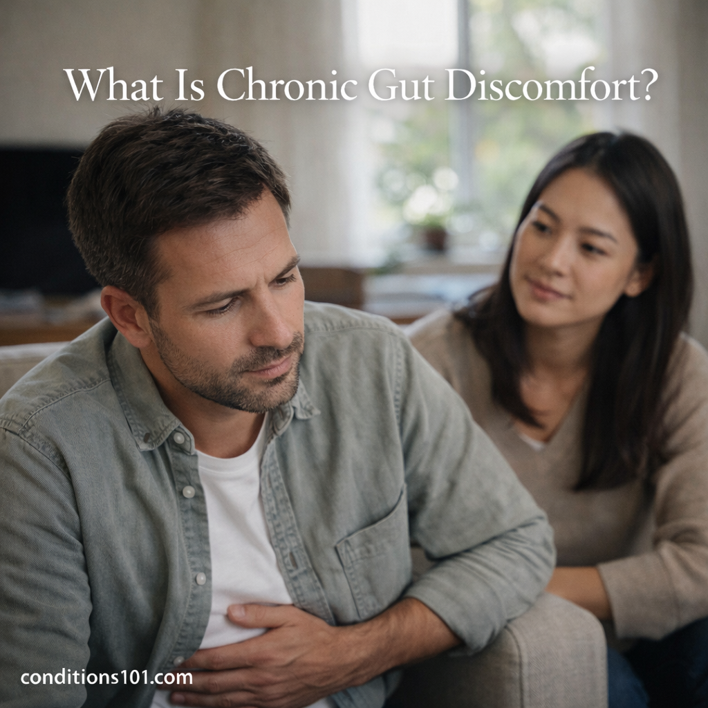 Adults sitting together in a calm home setting, reflecting on chronic gut discomfort in an everyday environment.