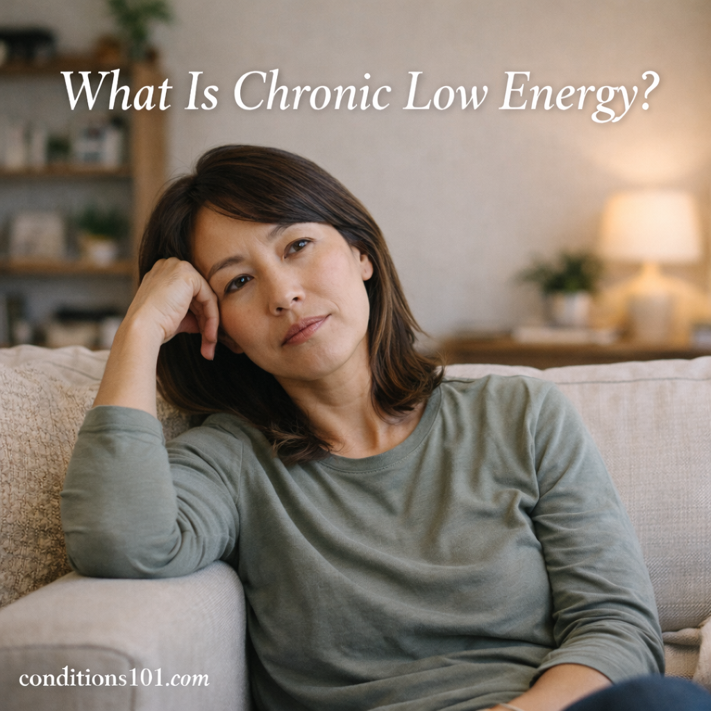 Adult woman sitting calmly on a couch in a home setting, appearing thoughtful and low in energy during an everyday moment.