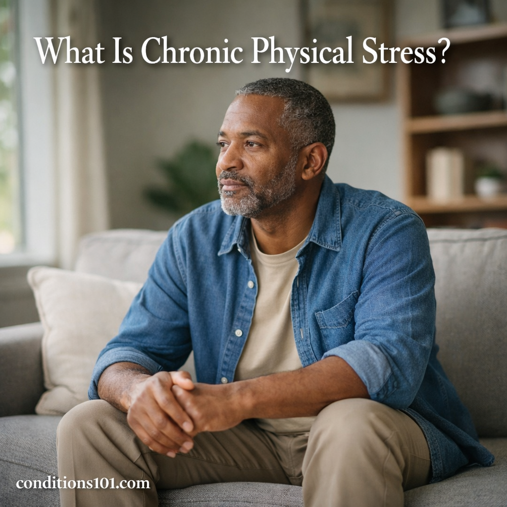 Adult person sitting calmly in a home setting, representing an educational overview of what chronic physical stress is.
