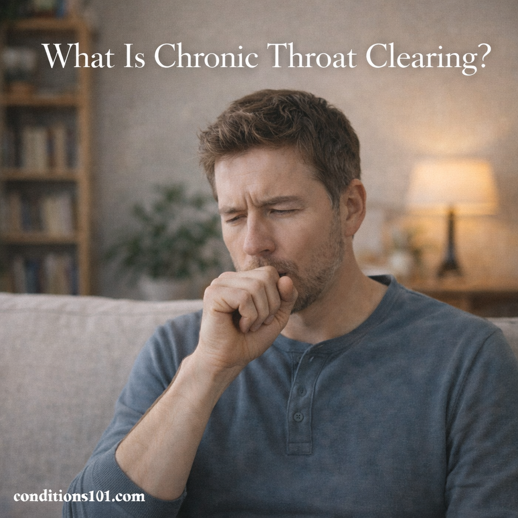 Adult man sitting on a couch and clearing his throat with a thoughtful expression in a calm living room setting, representing an educational article about chronic throat clearing.