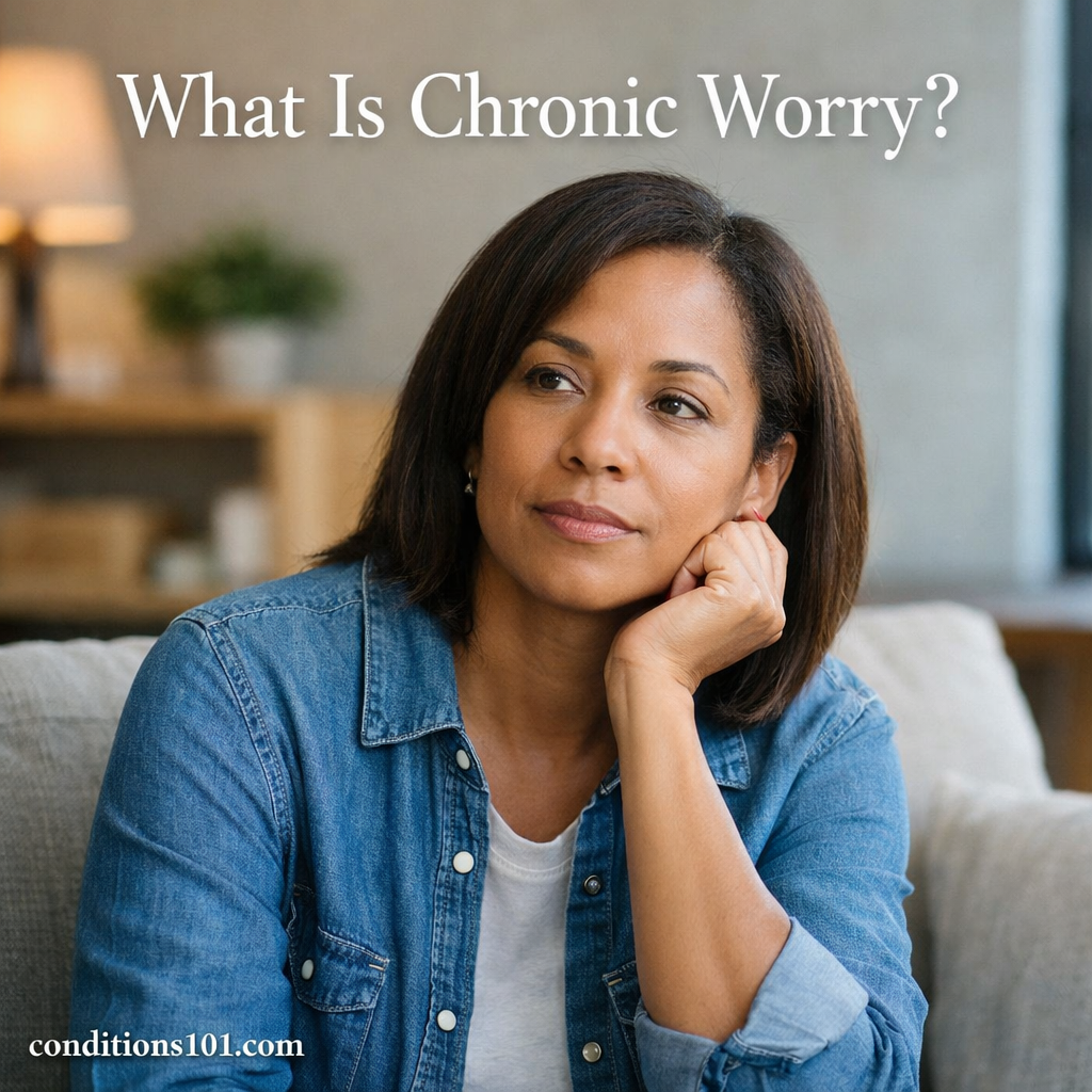 Adult woman sitting on a couch in a calm living room setting, appearing thoughtful and relaxed, representing an educational article about chronic worry.