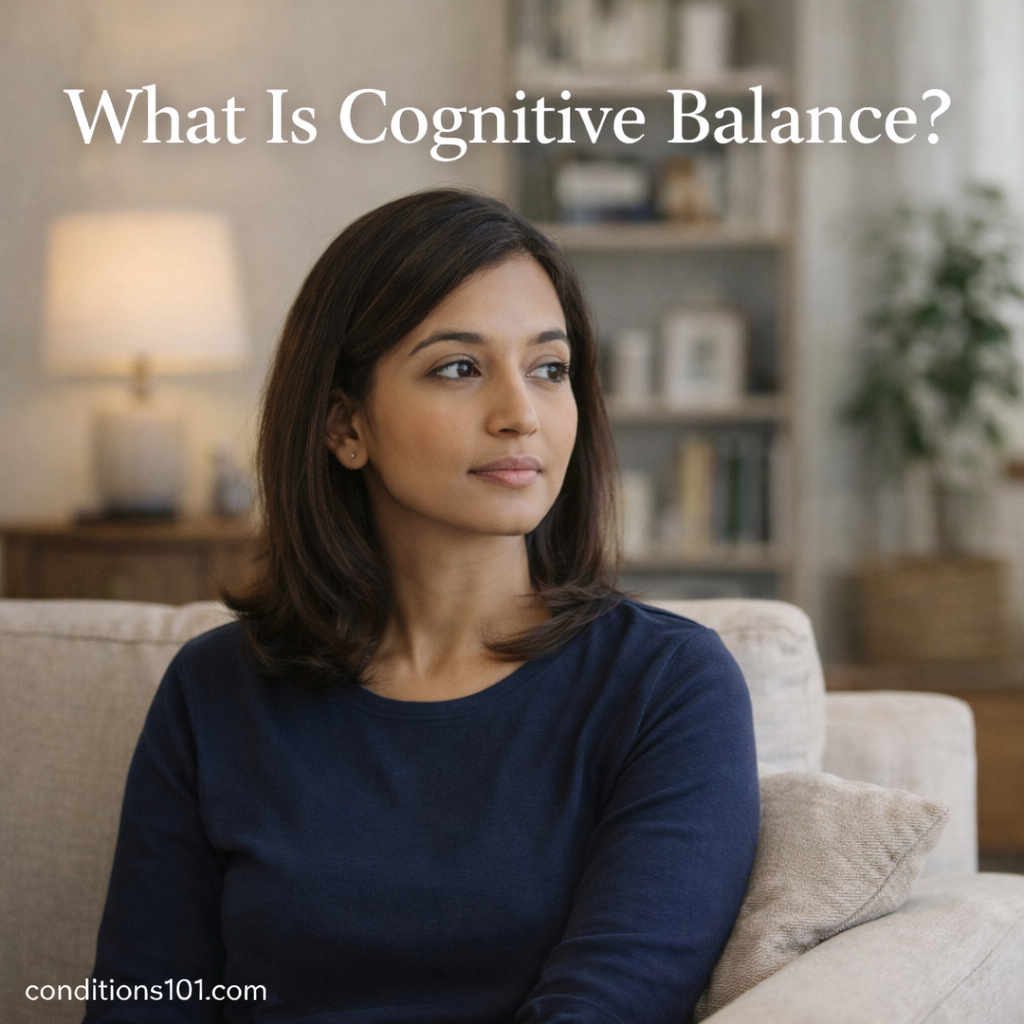 Adult woman sitting calmly in a living room with a thoughtful expression, representing an educational explanation of cognitive balance.