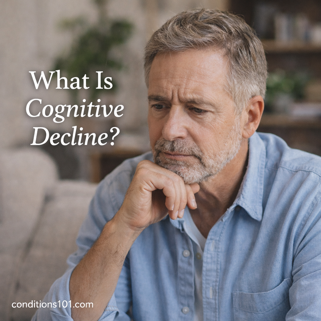 Older adult man sitting thoughtfully in a calm living room setting representing an educational article about cognitive decline.