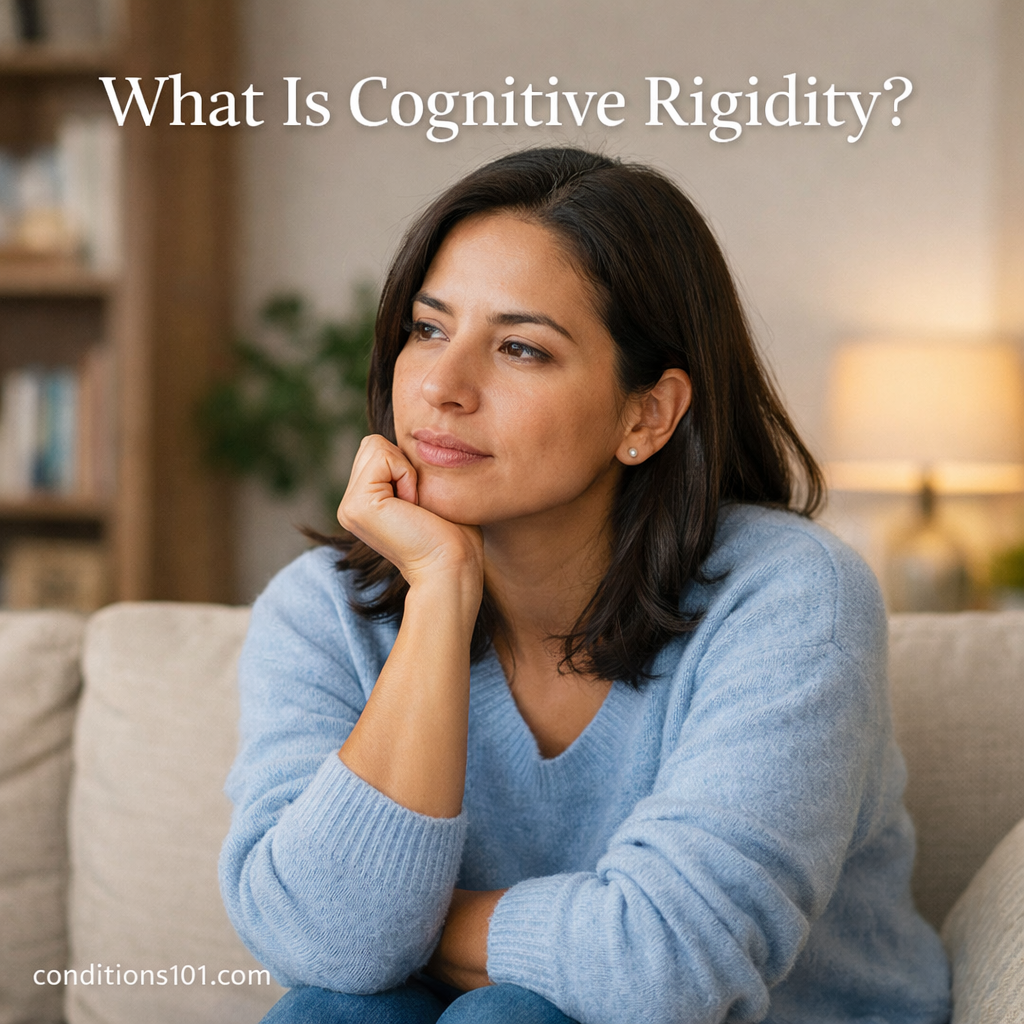 Latina woman sitting thoughtfully in a calm living room setting, representing an educational article explaining cognitive rigidity.