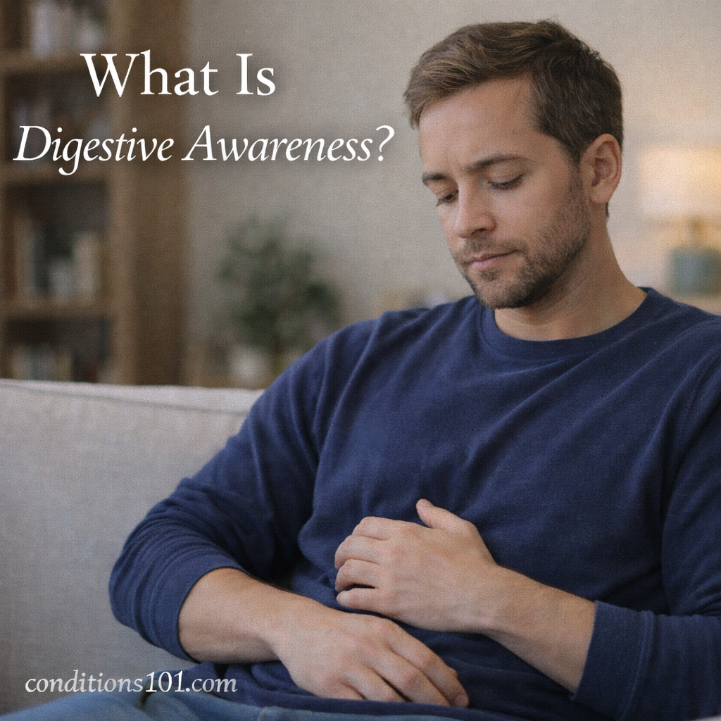 Adult man sitting on a couch in a calm home setting, resting a hand on his abdomen while appearing thoughtfully focused.