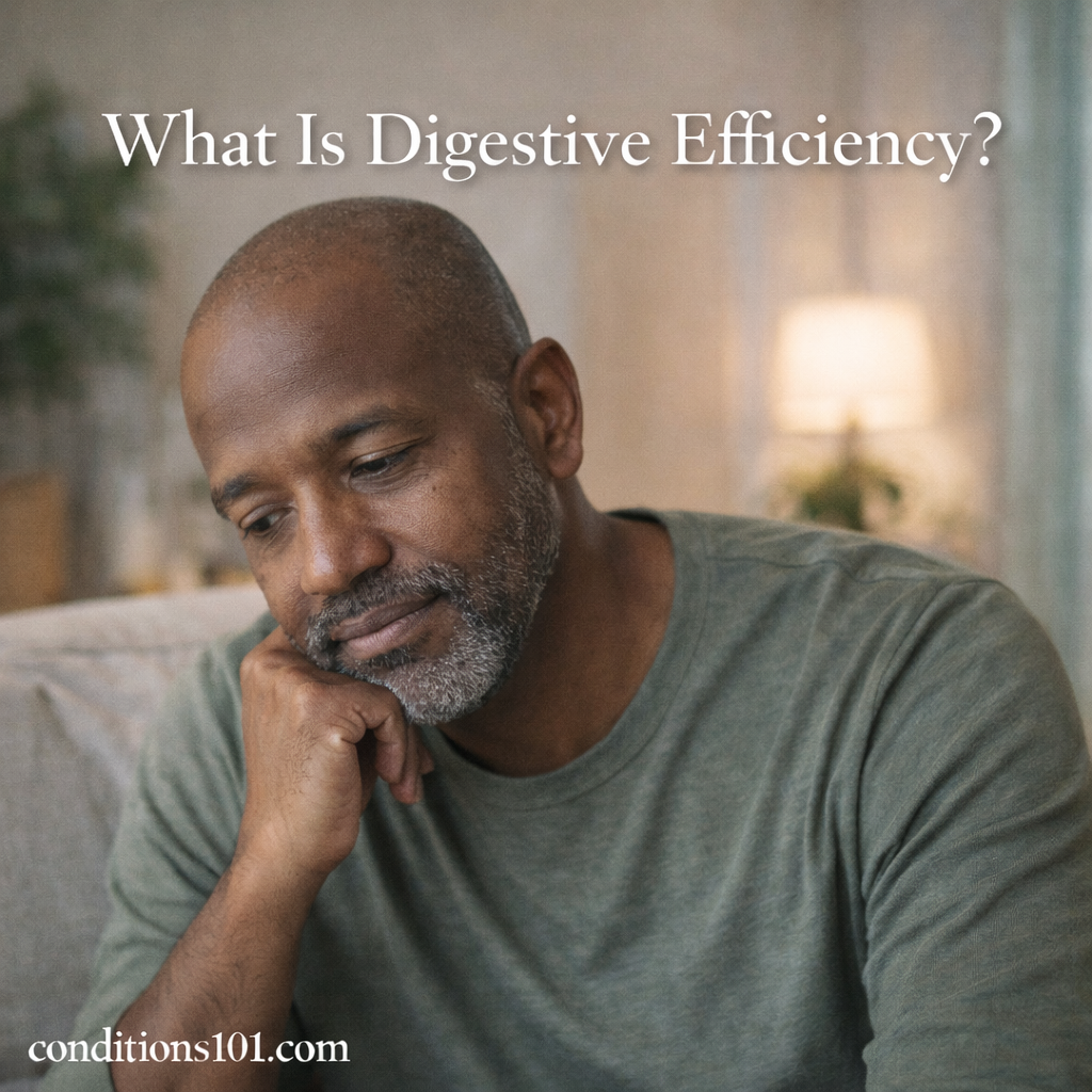 Adult man sitting thoughtfully in a calm living room setting, representing an educational article explaining digestive efficiency.
