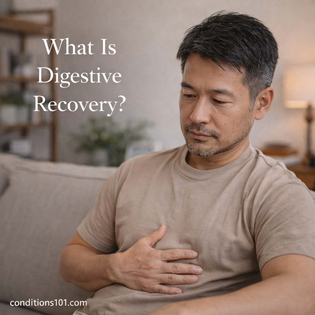 Adult man sitting in a calm living room setting, appearing thoughtful while reflecting on digestive recovery.