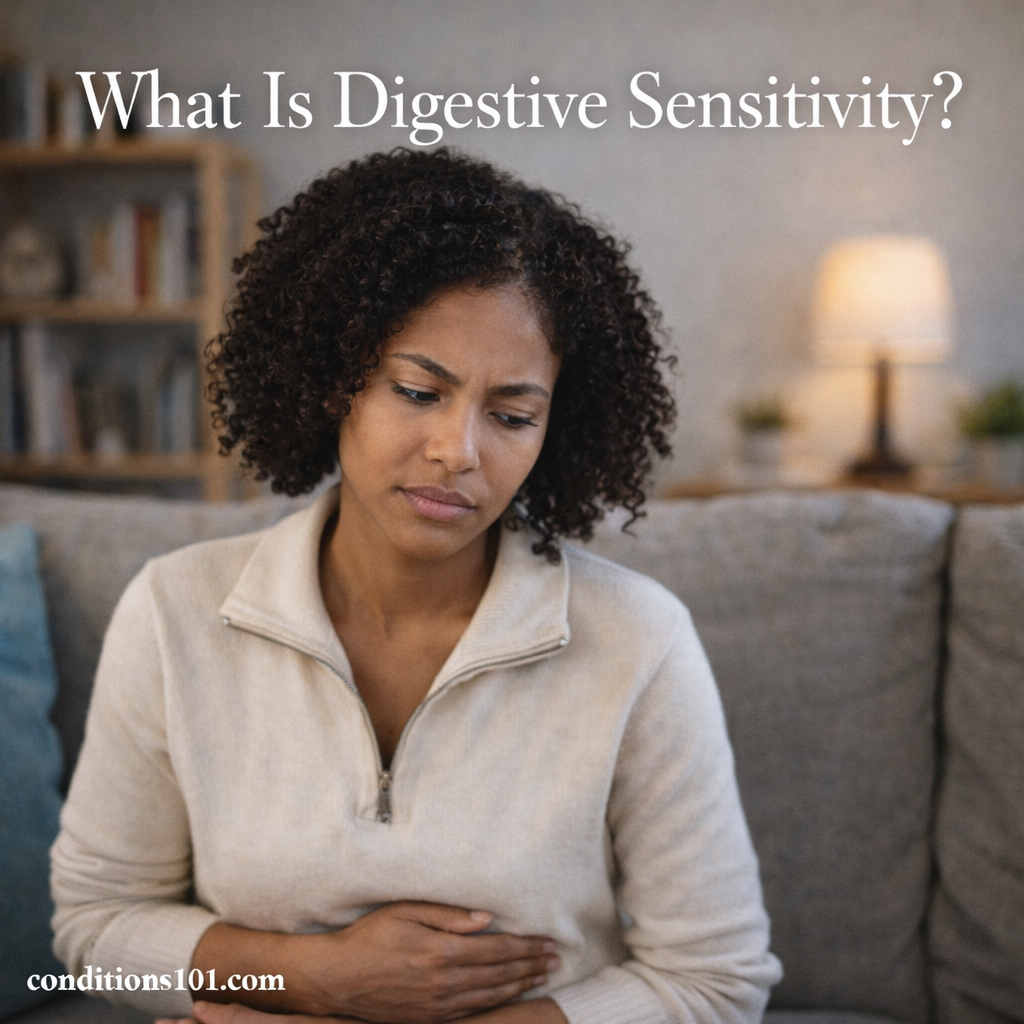 Adult woman seated on a couch with a thoughtful expression in a calm living room setting, representing an educational article about digestive sensitivity.