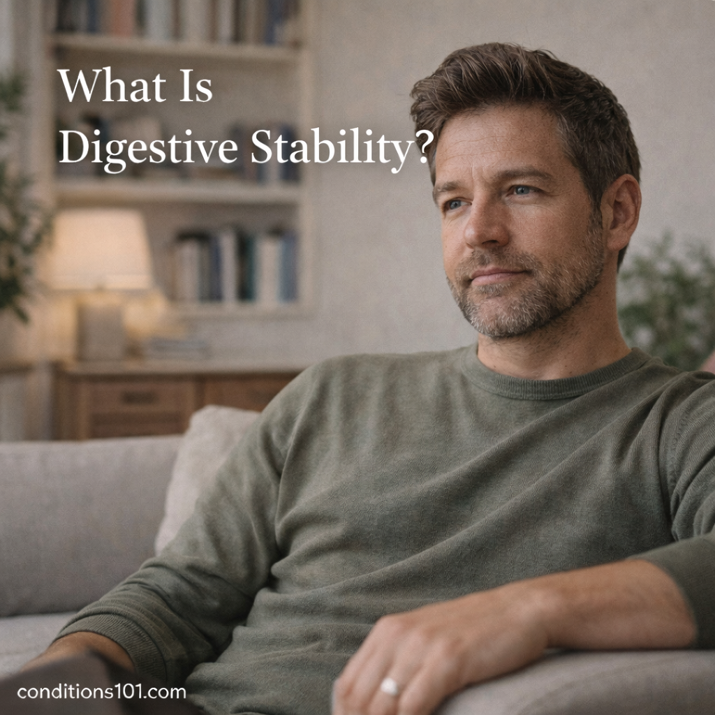 Adult man sitting calmly in a living room with a thoughtful expression, representing an educational explanation of digestive stability.