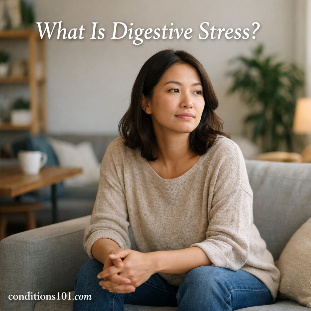 Adult woman sitting calmly in a living room, appearing thoughtful in an everyday setting related to digestive stress.