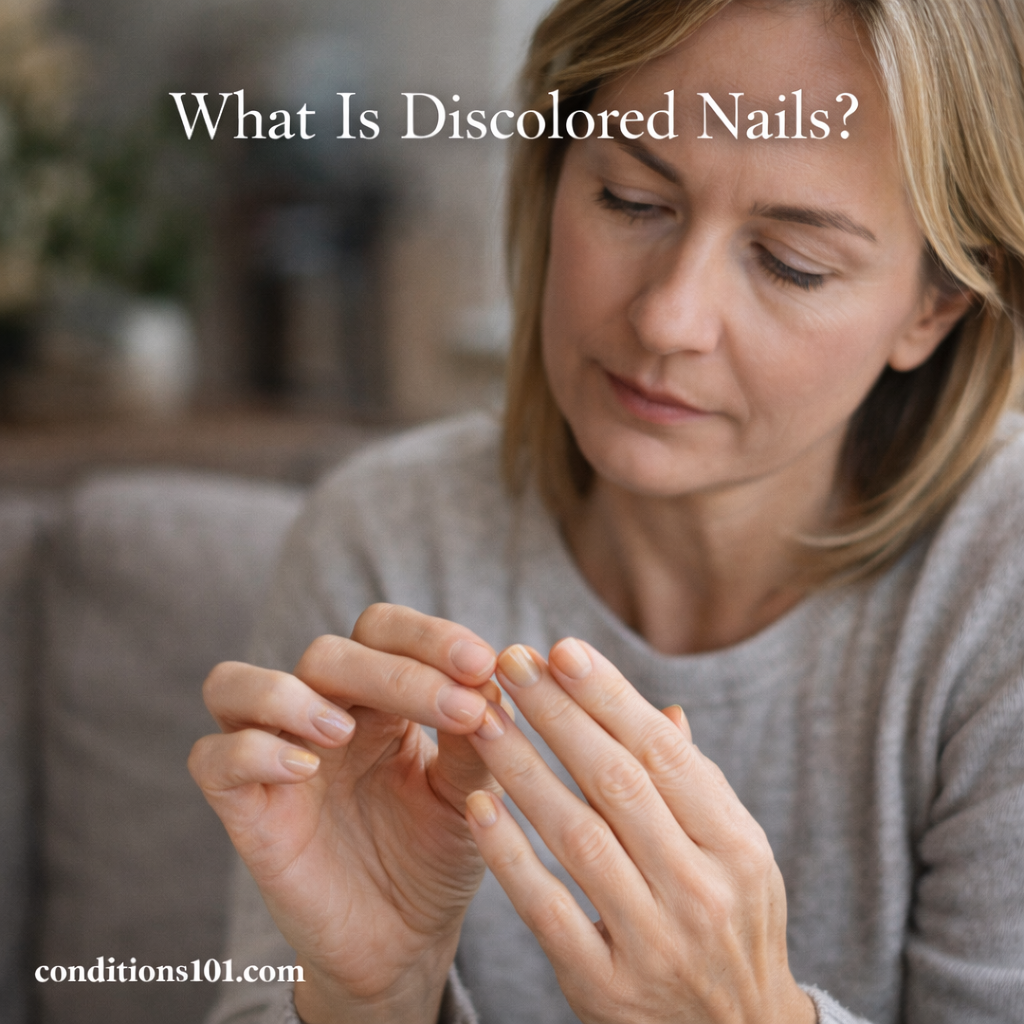 Adult woman examining her fingernails in a calm home setting, representing nail discoloration in an educational and non-clinical context.