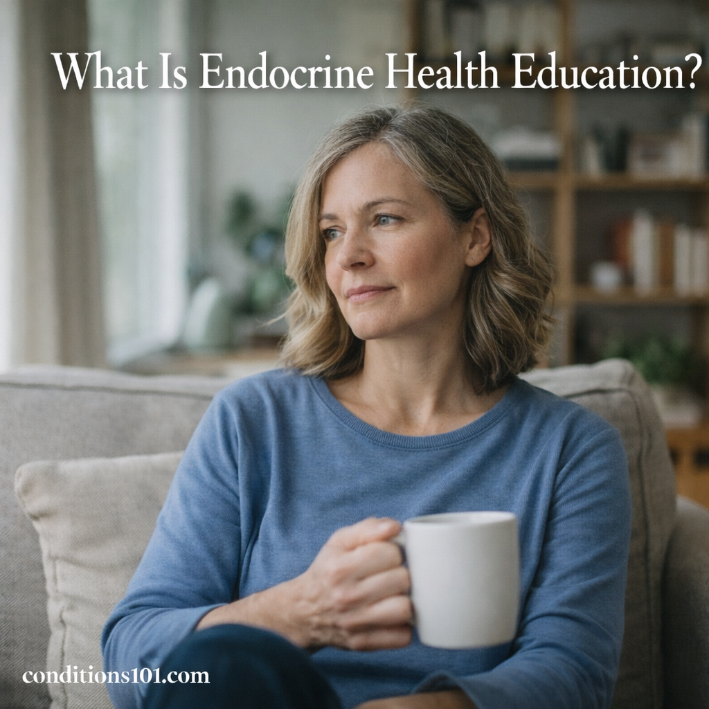 Adult woman sitting calmly in a living room with a thoughtful expression, representing an educational overview of endocrine health education.