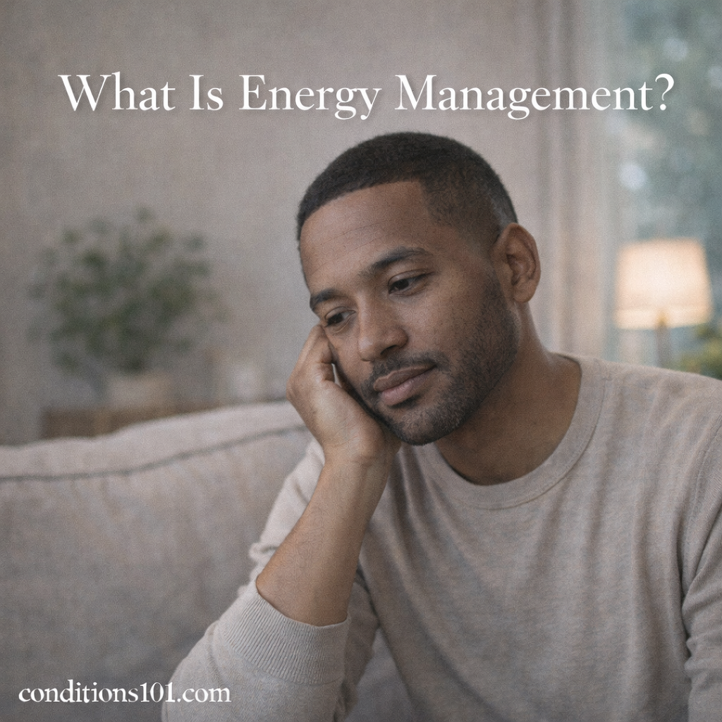 Adult man sitting thoughtfully in a calm indoor setting, representing an educational article explaining energy management and daily energy awareness.