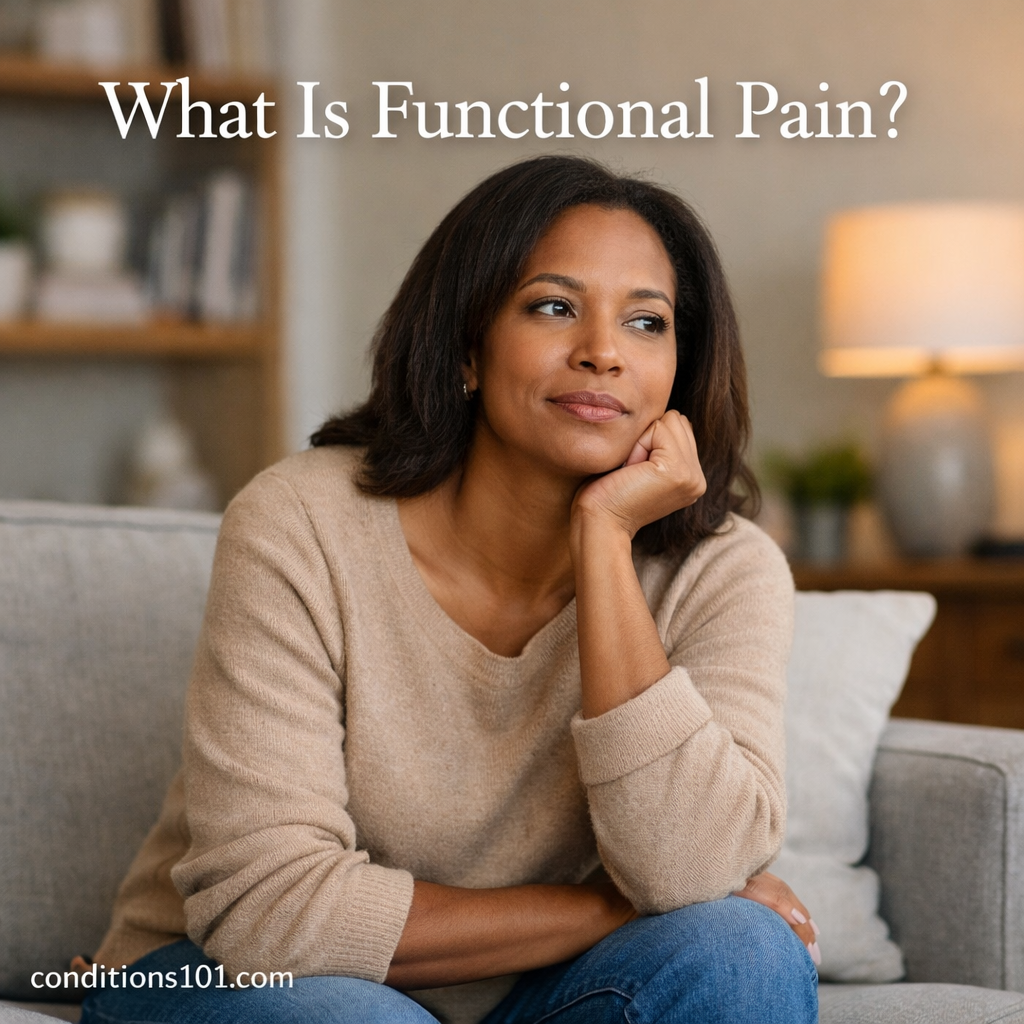 Adult woman sitting thoughtfully in a calm living room setting for an educational article explaining what functional pain is.