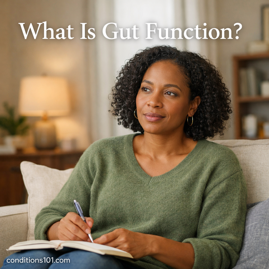 Adult woman sitting in a calm living room environment with a thoughtful expression, representing an educational overview of gut function.