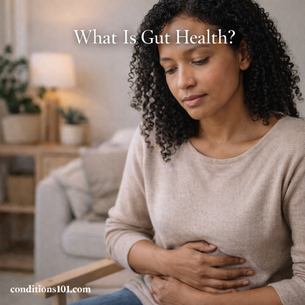 Adult woman sitting calmly in a living room with a thoughtful expression, representing gut health in a non-clinical, educational context.