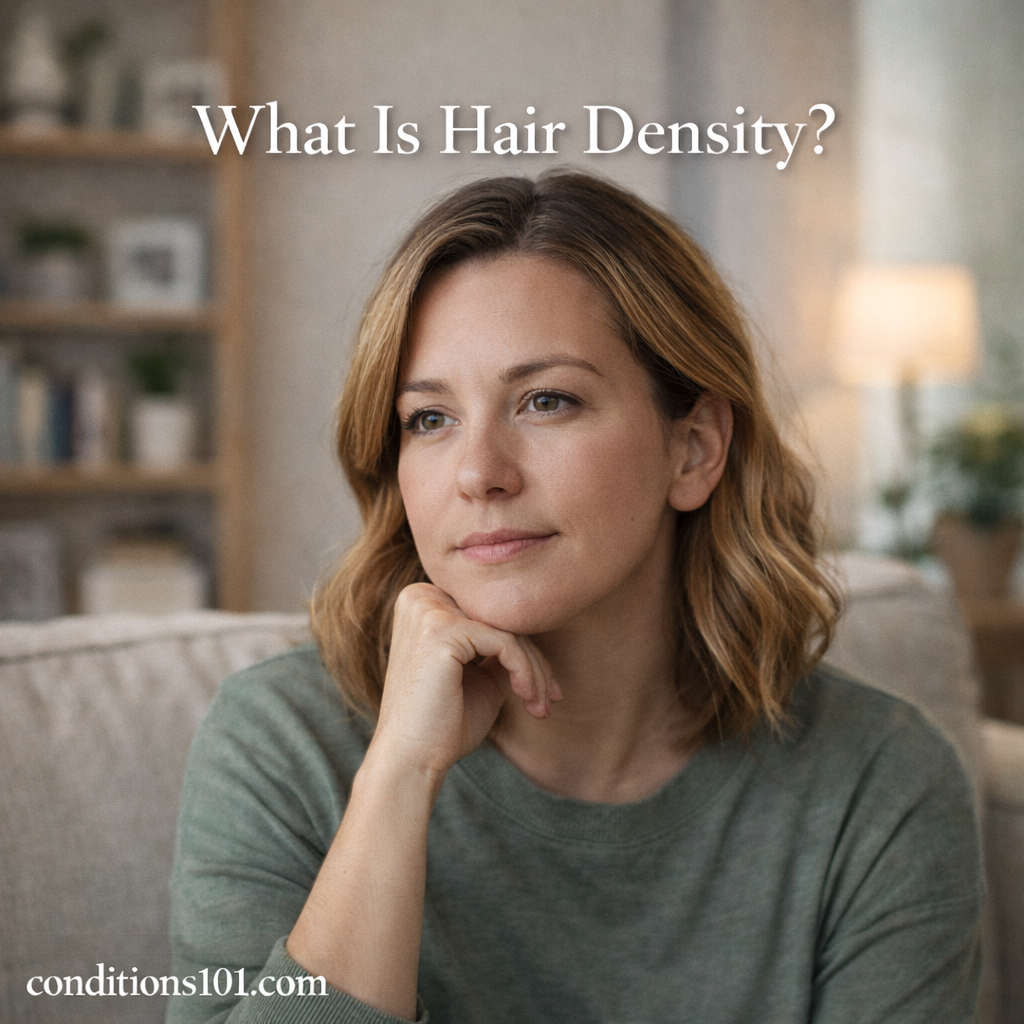 Adult woman with shoulder-length hair sitting thoughtfully in a calm living room, representing an educational article explaining hair density.