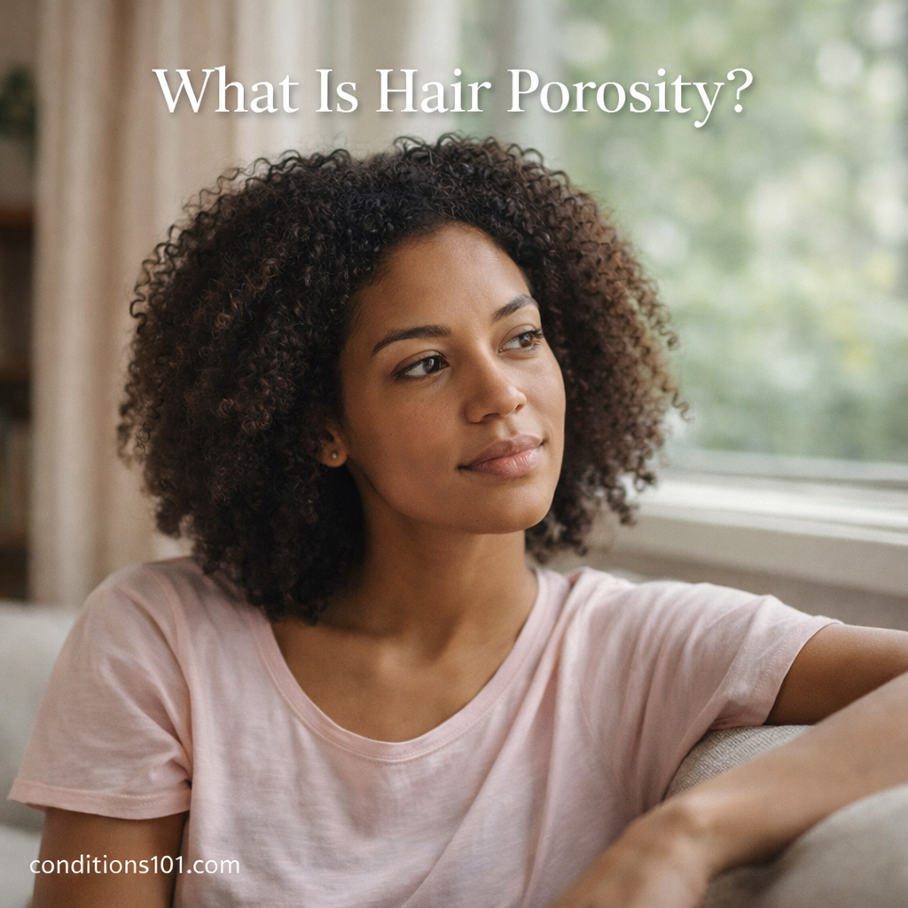 Woman with natural curly hair sitting by a window in a calm home setting, representing an educational article explaining hair porosity.