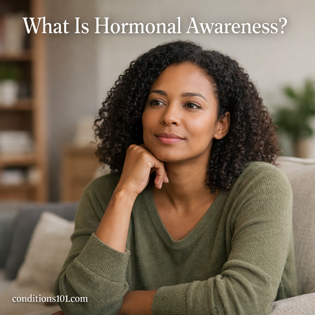 Adult woman sitting thoughtfully in a living room setting representing educational hormonal awareness content.