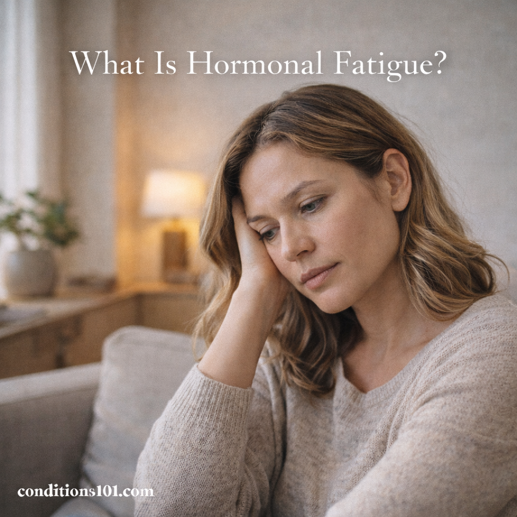 Adult woman sitting thoughtfully in a calm living room with natural light, representing hormonal fatigue in an educational, non-clinical context.