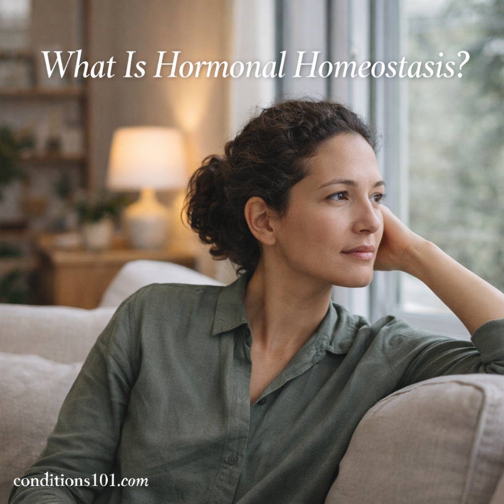 Adult woman sitting calmly on a couch in a home setting, appearing thoughtful while representing hormonal homeostasis.