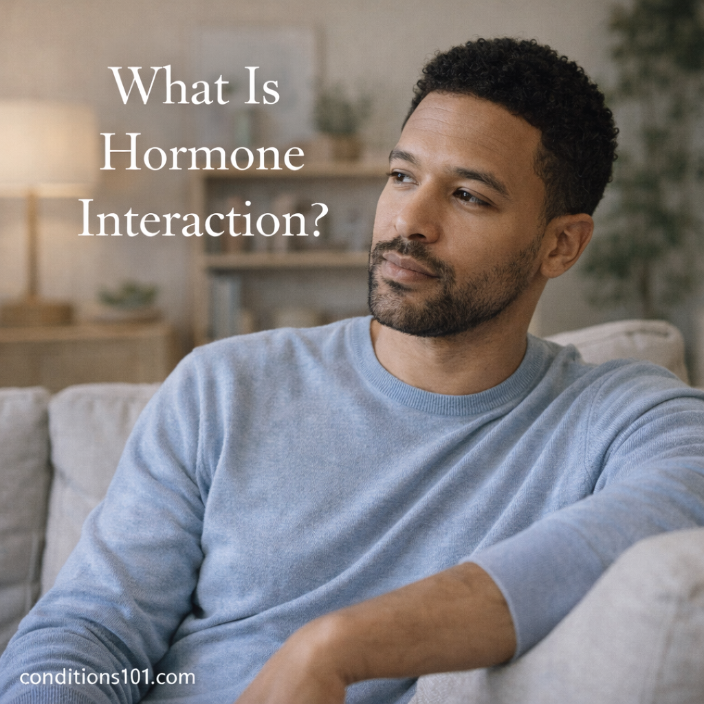 Adult man sitting on a couch in a calm living room, appearing thoughtful while reflecting on hormone interaction.