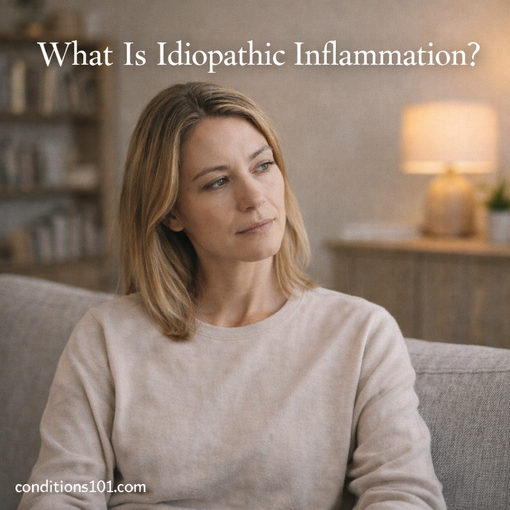 Adult woman sitting thoughtfully in a calm living room setting, representing idiopathic inflammation in a non-clinical, educational context.