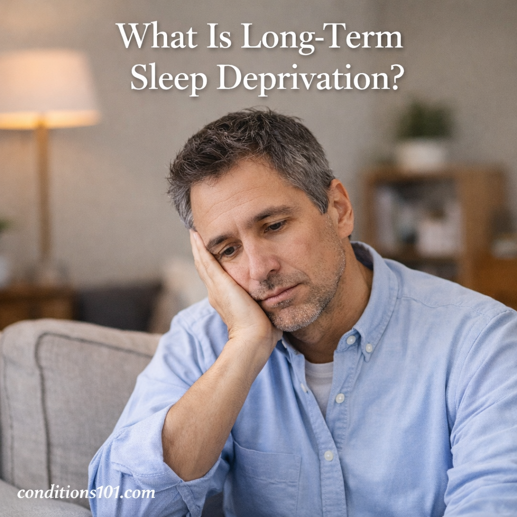 Adult sitting quietly on a couch at home, representing long-term sleep deprivation in everyday life.