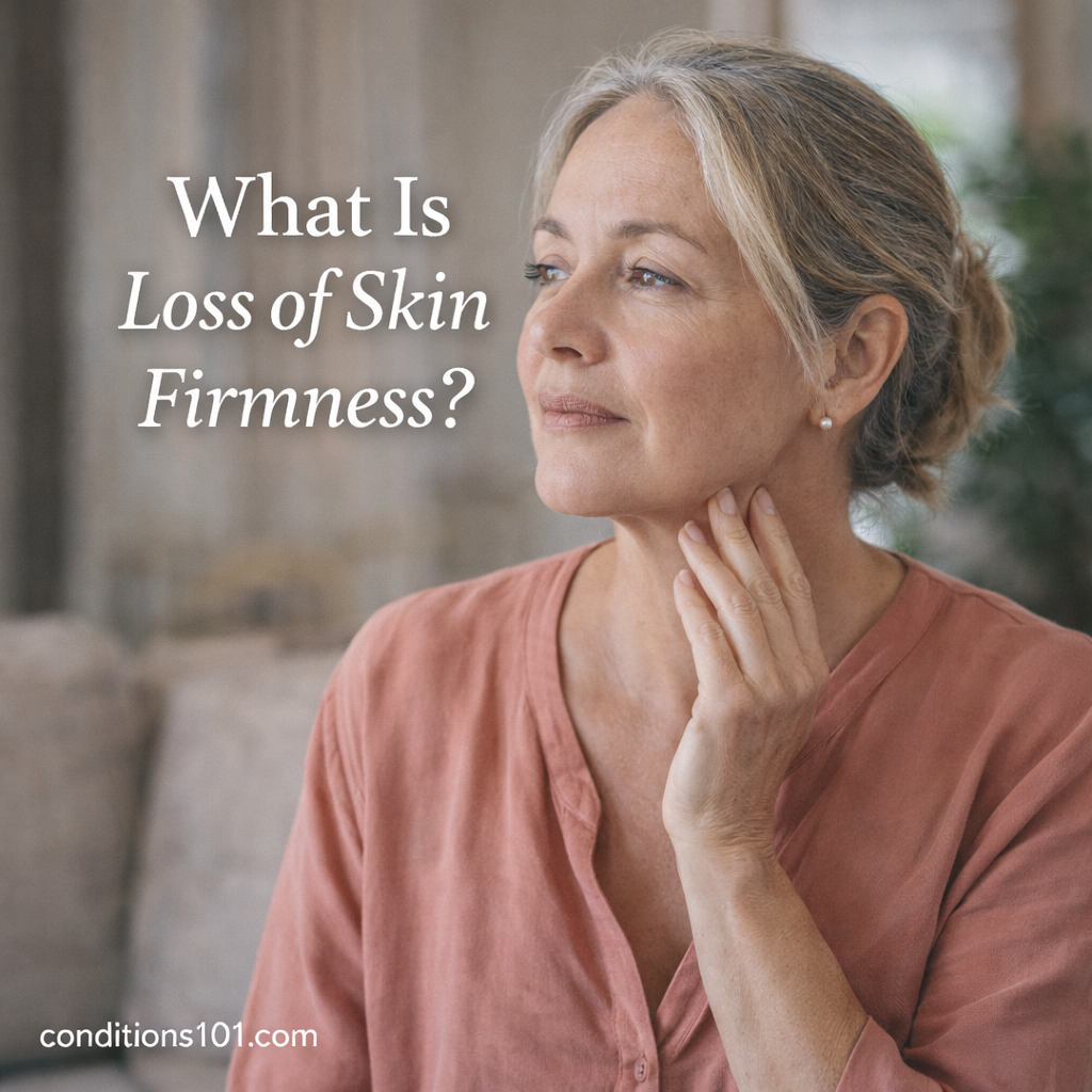 Middle-aged woman touching her jawline in a calm home setting representing an educational article about loss of skin firmness.