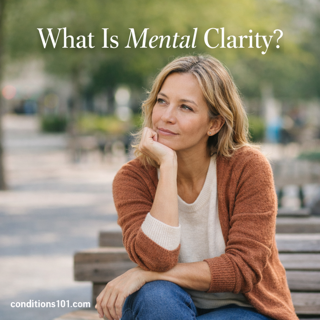 Adult woman sitting outdoors on a bench with a thoughtful expression, representing mental clarity in an everyday, non-clinical setting.