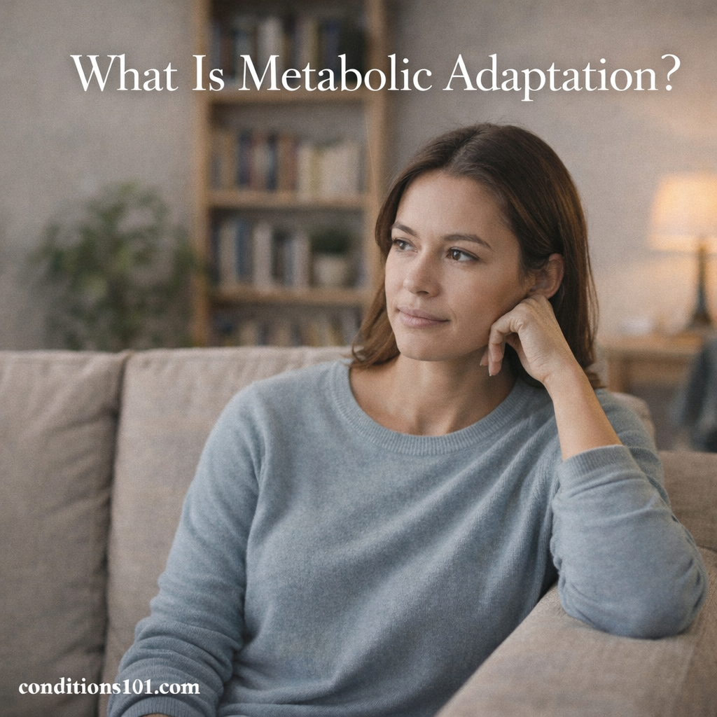 Adult woman sitting on a couch with a thoughtful expression in a calm living room setting, representing an educational article about metabolic adaptation.