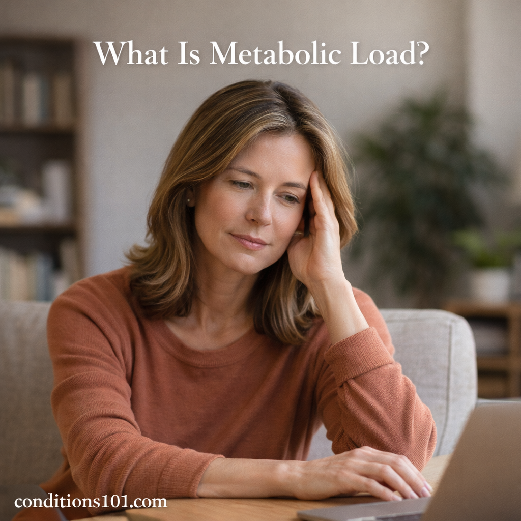 Adult woman sitting thoughtfully at a desk in a calm home setting, representing everyday metabolic demand and energy balance.