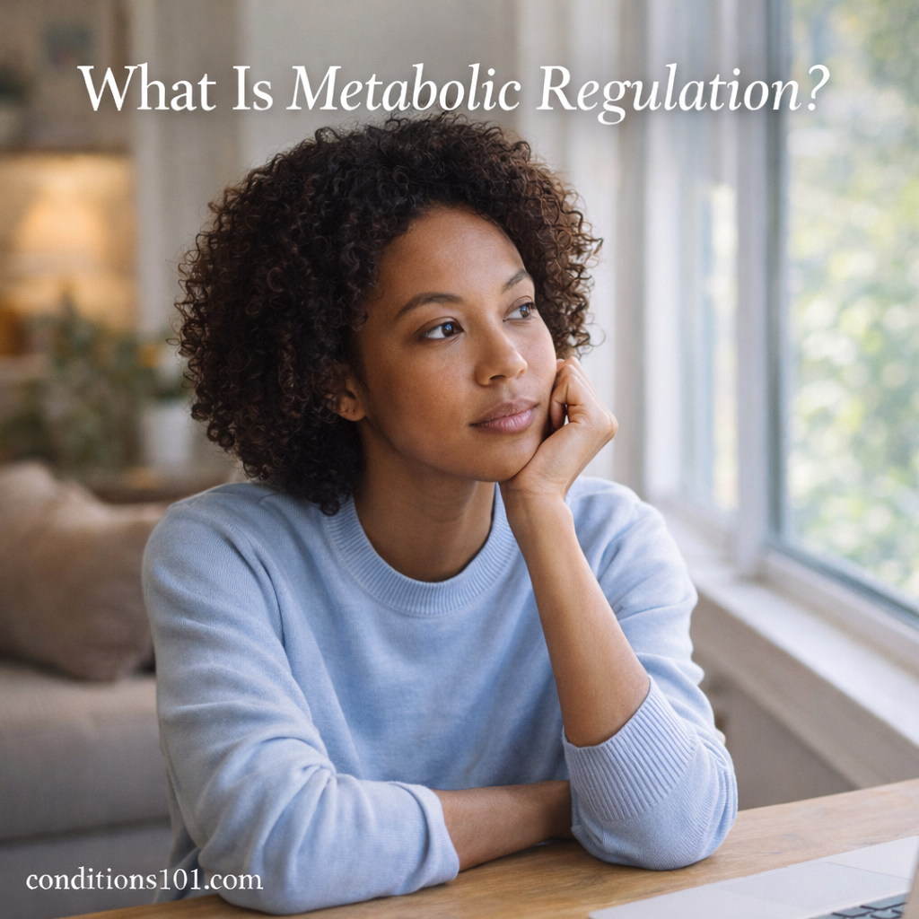 Young woman sitting thoughtfully by a window in a calm home setting, representing metabolic regulation and energy balance.