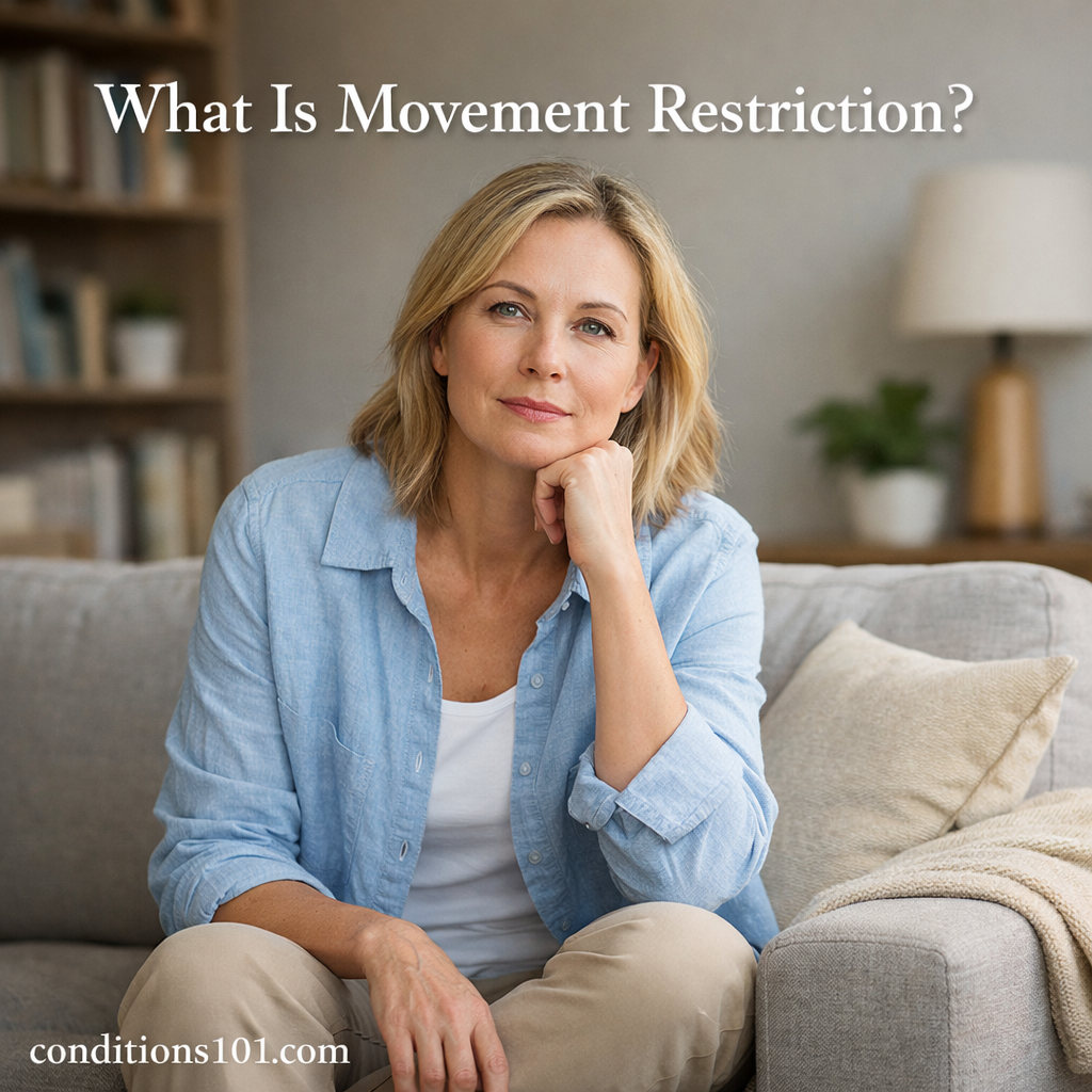 Adult woman sitting thoughtfully in a living room representing general movement restriction in everyday life.
