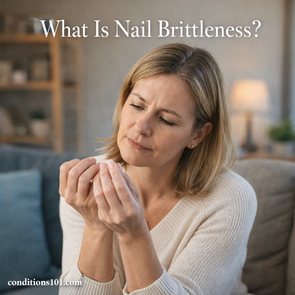 Adult woman examining her fingernails in a calm living room setting, representing an educational article about nail brittleness and nail health.