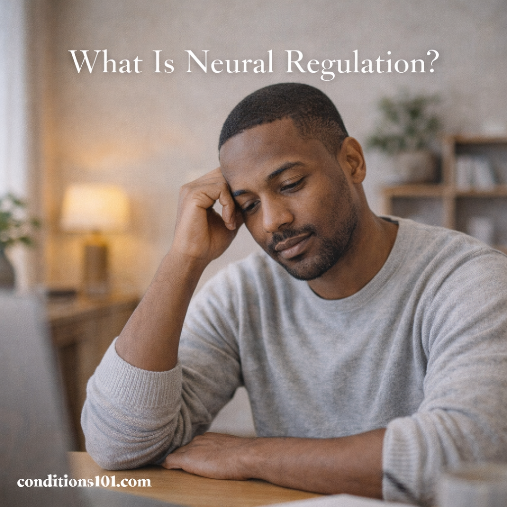 Adult man sitting thoughtfully at a desk in a calm home office, representing neural regulation in an educational, non-clinical context.